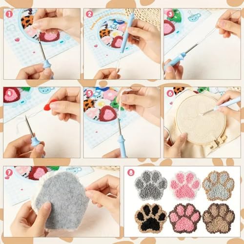 Avtytsda 6PCS Punch Needle Coaster Kit,Easy Punch Needle DIY Embroidery Set with Tools, Yarns, Hoop, Instructions Easy for Beginners, Kids, Adults, Handmade Gift and Decoration (Cat's paw) - Image 2