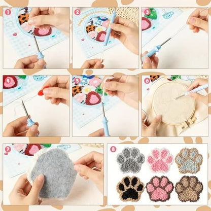 Avtytsda 6PCS Punch Needle Coaster Kit,Easy Punch Needle DIY Embroidery Set with Tools, Yarns, Hoop, Instructions Easy for Beginners, Kids, Adults, Handmade Gift and Decoration (Cat's paw) - Image 2