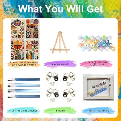 LWZAYS 4 Pack Floral Paint by Numbers Kit for Adults with Frame, Easy Flowers Paint by Number for Adults Beginner with Wooden Easel, DIY Painting by Numbers Canvas Framed for Home Decor 8 x 12 Inch - Image 4