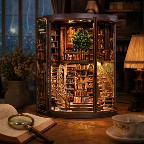 Book Nook Kit for Bookshelf —Tree of Wisdom Library 3D Wooden Puzzle, DIY Miniature Dollhouse with LED Lights, Fantasy Book Shelf Insert Decor (Tree of Wisdom Library) - Image 3