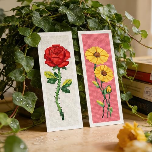 INFUNLY 6PCS Cross Stitch Bookmark Kit for Adults Rose Tulip Stamped Embroidery Bookmark Kit with Backing Felt Floss Instruction for Book Lovers Readers - Image 5