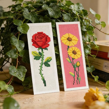 INFUNLY 6PCS Cross Stitch Bookmark Kit for Adults Rose Tulip Stamped Embroidery Bookmark Kit with Backing Felt Floss Instruction for Book Lovers Readers - Image 5