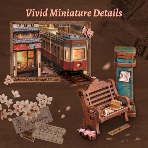 FUNPOLA Sakura Train Book Nook Kit – LED 3D Wood Puzzle with Infinity Mirror – DIY Bookshelf Decor, Miniature Craft Gift for Adults - Image 5