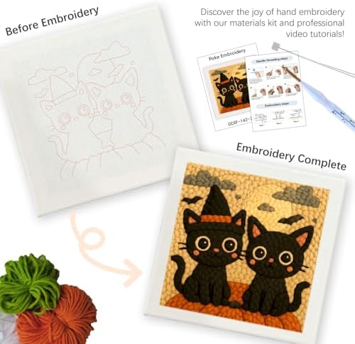 SDOYUNO Punch Needle Kit with Frame for Adults Beginners Kits 9.84 x 9.84 Inch Embroidery Starter Kits Punch Needle Kit with Cat Pattern, Threader, Yarns, Rug Punch, DIY Craft Kits (Beige) - Image 3