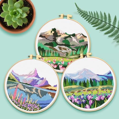 ERKOON Embroidery Kit for Beginners, 5 Sets Flower Cross Stitch Set for Adults Include Embroidery Cloth Hoops Threads for Craft Lover Hand Stitch with Skill Techniques (Landscape) - Image 6