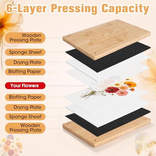 Bemoauty Flower Pressing Kit for Adults and Teens, 6 Layers Wood Flower Press 11.8" x 8", Flower Preservation Kits with 6 Sponge Sheet, Drying Plates and 24 Lining Papers, DIY Art & Crafts Gift - Image 2