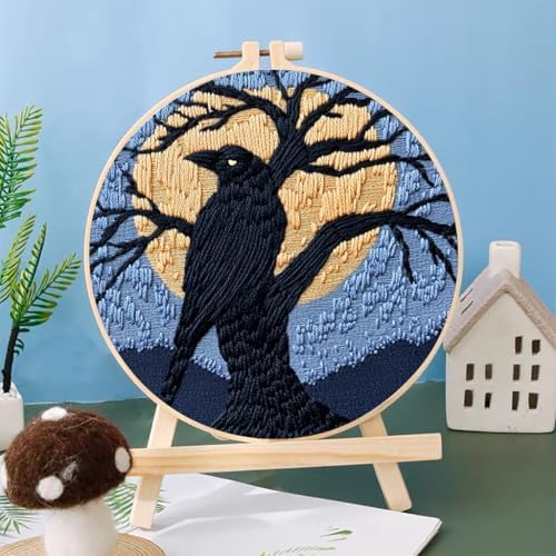 Punch Needle Kits Black Raven on Black Tree Under Moon 20x20cm-3 - Image 2
