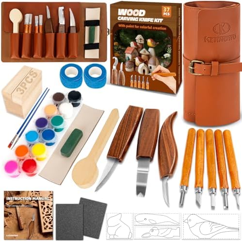 Wood Carving Kit, 37pcs Wood Carving Tools with 12 Color Paint, Wood Whittling Kit with 4pcs Templates & Users Guide for Beginners37Pcs Wood Carving Kit with Storage Bag by KKERNOWO