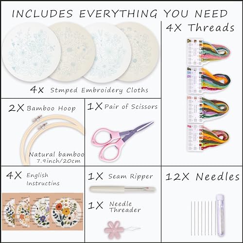 Bonroy Embroidery Kit for Beginners with Instructions,Cross Stitch Kits for Adults with Pattern,Needlepoint Kits for Adult Include Embroidery Cloth Hoops Needles Threads (flowers2) - Image 3