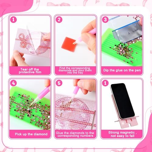 Saillong 6 Pcs Pink Bow Diamond Art Phone Stand, Full Drill DIY Holder - Image 6