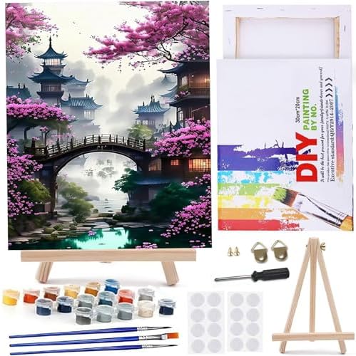 MaiMMaledy Paint by Numbers Kit 8Lx12W inch for Adults Beginners Canvas Pictures with Framed Drawing Painting Acrylic Pigment with Wooden Triangle Easel Flower Tower by MaiMMaledy