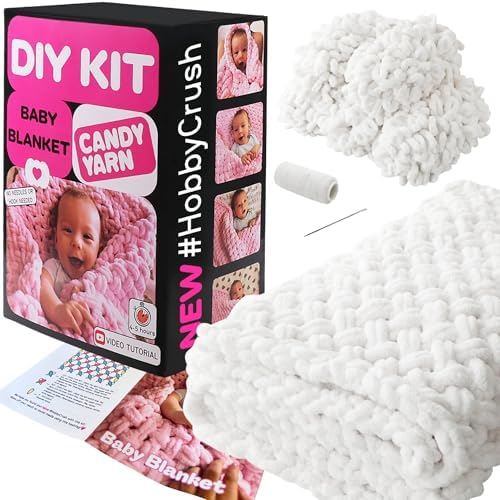 Beginner Craft Kit – Easy Loop Yarn Baby Blanket Kit for Adults & Kids, DIY Arm Knitting Kit with Soft Chenille Yarn, Perfect Handmade Gift (Milky) by Candy-Yarn