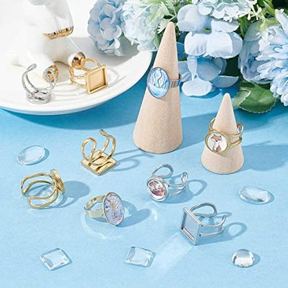 SUNNYCLUE 24Pcs DIY 12 Sets Finger Ring Blanks Bezel Trays Adjustable Stainless Steel Ring Base Blank Components Set Pad Settings Square Round Glass Cabochons for Jewelry Making Kit - Image 5