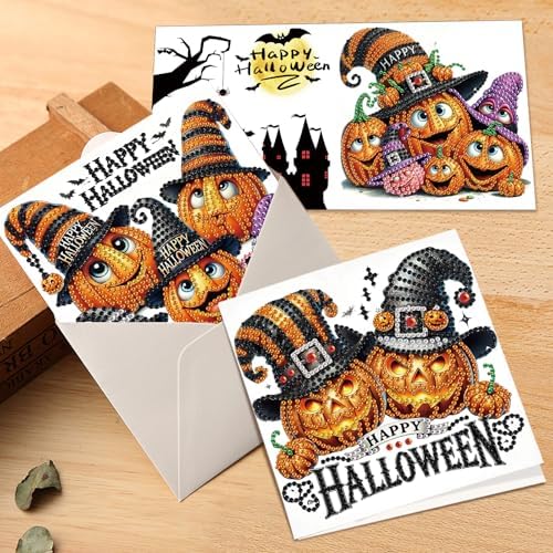 antor 6 Pack Halloween Pumpkin Diamond Painting Card Kits, DIY 5D Rhinestone Halloween Diamond Art Greeting Cards with Envelopes, Handmade Pumpkin Diamond Art Craft Kits for Adults Beginners - Image 7