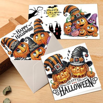 antor 6 Pack Halloween Pumpkin Diamond Painting Card Kits, DIY 5D Rhinestone Halloween Diamond Art Greeting Cards with Envelopes, Handmade Pumpkin Diamond Art Craft Kits for Adults Beginners - Image 7