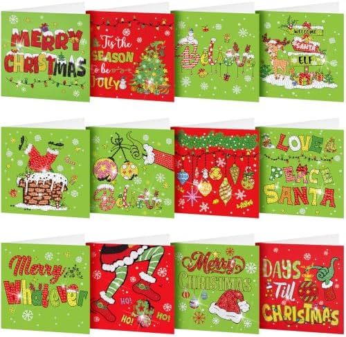 Saillong 12 Pack Christmas Diamond Painting Greeting Card Kits DIY Lime Green Christmas Diamond Art Cards with Envelopes Xmas 5D Rhinestones Painting for Adults DIY Craft Family Friend Xmas Gifts by Saillong