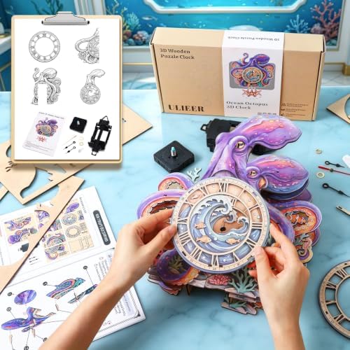 3D Puzzles for Adults Octopus Clock Crafts for Adults Wooden Puzzles - Image 3