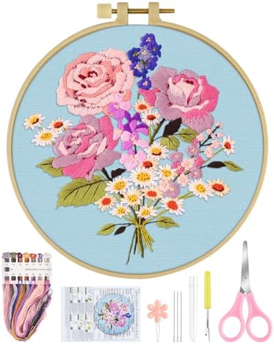 ERKOON Embroidery Kit for Beginners, Flower Cross Stitch Set for Include Embroidery Cloth Hoops Threads for Craft Lover Hand Stitch with Embroidery Skill Techniques (Bouquet) by ERKOON