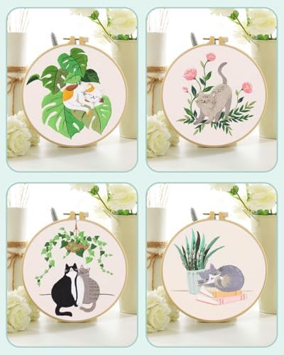 ERKOON 4 Sets Embroidery Kit for Beginners,Hummingbird and Flower Cross Stitch Set for Include Embroidery Cloth Hoops Threads for Craft Lover Hand Stitch (Cat) - Image 2