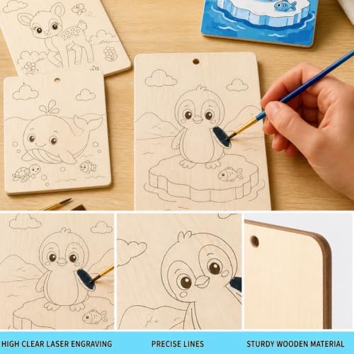 15 Pcs Unfinished Wood Crafts to Paint for Adults, 5.9x4.7 Inch Animal Paintable Wood Slices Craft Supplies with Ropes, Bulk Predrilled Wooden Ornaments for DIY Painting Craft Decor - Image 4
