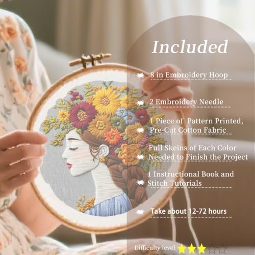 FONNUY Floral Women Embroidery Kit for Beginners, Colorful Long Hair Girl Pre-Stamped Pattern Kits for Adults with Hoop, Thread Needlework, 8'' Hoop (Brown) - Image 2
