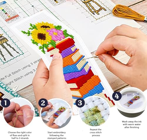 ORIGACH 6 Set Stacked Books & Flower Cross Stitch Bookmark Kit for Beginner - Image 4