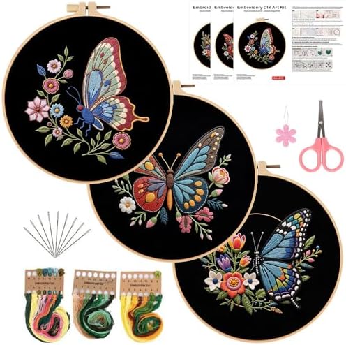 Konrisa Flower Butterfly Embroidery Kits for Adults, Stamped Embroidery Starter Kit with Hoop,DIY Sewing Needlepoint Cross Stitch Kit, Set of 3 by Konrisa
