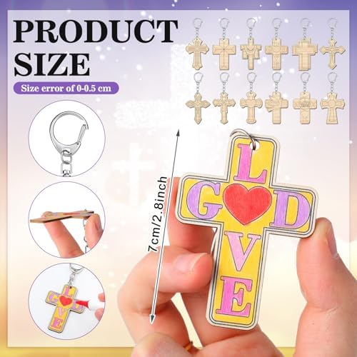 Trnayi 36 Pcs Religious Cross Wood Keychain Color Your Own DIY Craft - Image 2