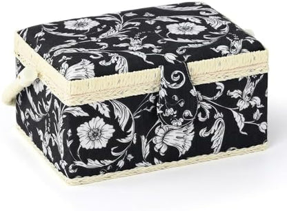 Medium Sewing Basket, Sewing Box with Accessories, Black White Flower - Image 2