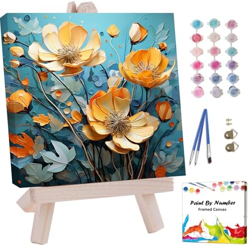 Artunion Framed Paint by Numbers Kit for Adults Beginners & Kids Ages 8-12,Yellow Flower Paint by Number with Frame,Floral Abstract Paint by Numbers Kit on Canvas 10 * 10 Inch Without Easel by ArtunionDriect
