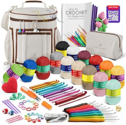 Crochet Kit for Beginners Adults and Kids - Beginner Crochet Kit for Adults with Step-by-Step Video Tutorials, Amigurumi and Crocheting Kit, Crochet Starter Kit with Soft Crochet Yarn and Crochet Bag by HearthHarbor
