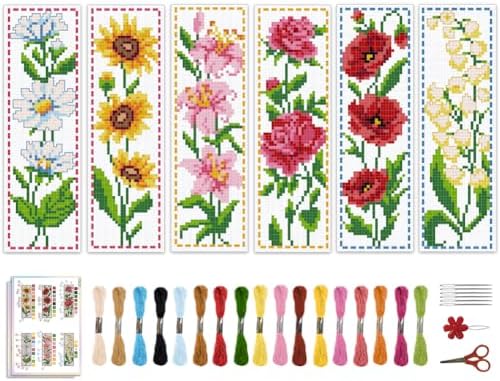 ACRNIGHEET 6PCS Cross Stitch Bookmark Kit for Beginner Flower Pattern Stamped Cross Stitch Kits for Adults Crossstitch Kits Adult Bookmarks with Instructions Hand Embroidery Craft Gift 8''x2.4'' 11CT by ACRNIGHEET