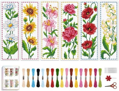 ACRNIGHEET 6PCS Cross Stitch Bookmark Kit for Beginner Flower Pattern Stamped Cross Stitch Kits for Adults Crossstitch Kits Adult Bookmarks with Instructions Hand Embroidery Craft Gift 8''x2.4'' 11CT by ACRNIGHEET