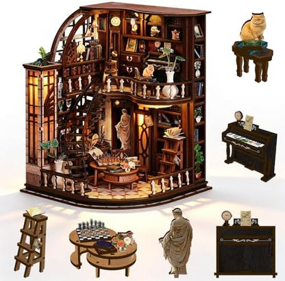 DIY Miniature House Kit, 3D Wooden Puzzle for Adults, Book Nook Kit with Touch LED Light, Library Bookshelf Insert, Creative Hobby Craft Gift for Bibliophiles (Bacchus Bookstore) by ANTREATU