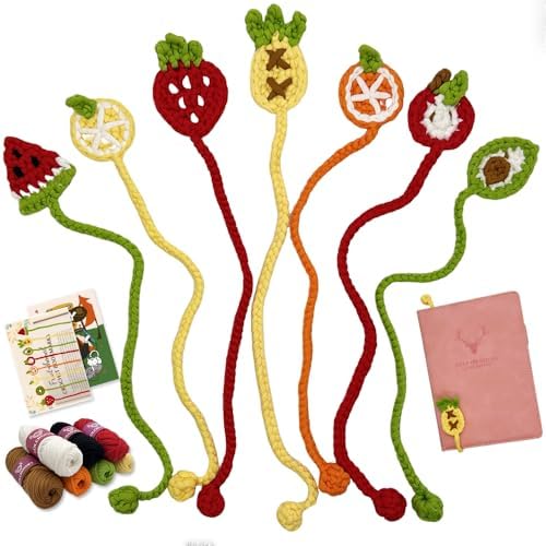 Crochet Kit for Beginners, Bookmarks Crochet Starter Set, Learn to Crochet with Step-bt-Step Video Tutorial, Easy Yarn Knitting Kit for Adults, DIY Craft Gift for Book Lovers (8pcs Fruit-Themed) by LOLCROCHET