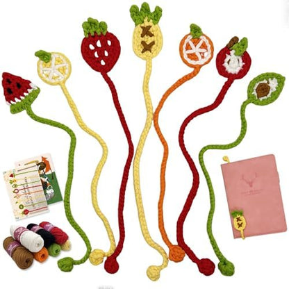 Crochet Kit for Beginners, Bookmarks Crochet Starter Set, Learn to Crochet with Step-bt-Step Video Tutorial, Easy Yarn Knitting Kit for Adults, DIY Craft Gift for Book Lovers (8pcs Fruit-Themed) by LOLCROCHET
