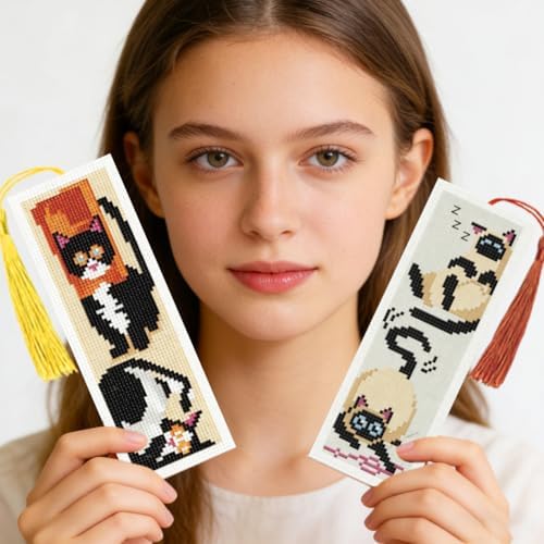 INFUNLY 6 Pcs Cute Cat Cross Stitch Bookmark Kit with Tassels, Stamped Pre-Printed Embroidery for Adult Beginners, Tools with Floss Scissors Needles Instructions, DIY Gift for Book Lovers - Image 7