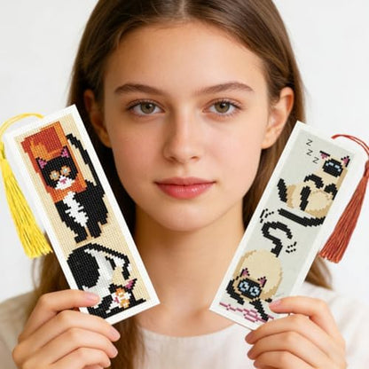 INFUNLY 6 Pcs Cute Cat Cross Stitch Bookmark Kit with Tassels, Stamped Pre-Printed Embroidery for Adult Beginners, Tools with Floss Scissors Needles Instructions, DIY Gift for Book Lovers - Image 7