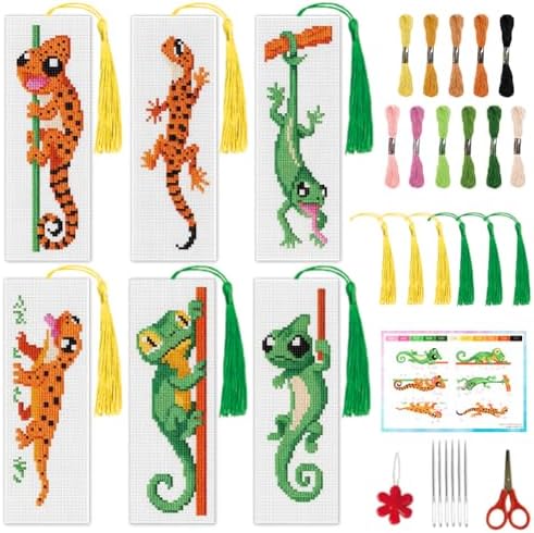 INFUNLY Lizard Cross Stitch Bookmark Kit 10x7.7 Gecko Embroidery Bookmark Kit DIY Embroidery Bookmarks for Readers Chameleon Handmade Cross Stitch Bookmarks for Book Lovers Writers Craft Gift by INFUNLY