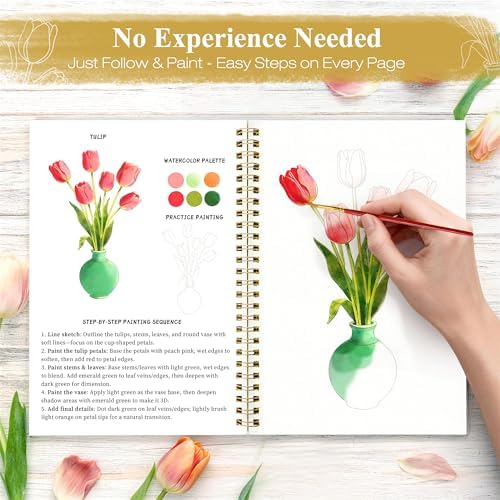 Creazic Watercolor Workbook for Beginners, Floral Water Coloring Book Kit & 16 Watercolor Paint, 300gsm No-Bleed Paper, Easy Step-by-Step Guide, Ideal Gift for Mindfulness & Painting Practice - Image 3