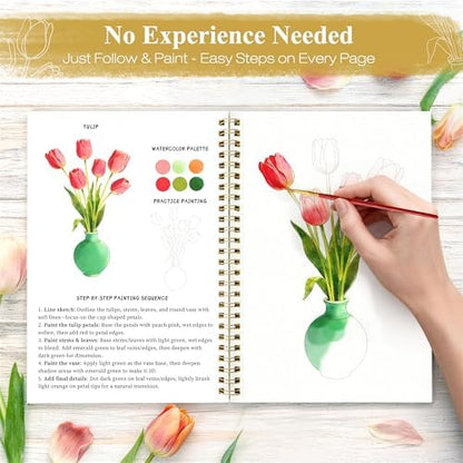 Creazic Watercolor Workbook for Beginners, Floral Water Coloring Book Kit & 16 Watercolor Paint, 300gsm No-Bleed Paper, Easy Step-by-Step Guide, Ideal Gift for Mindfulness & Painting Practice - Image 3