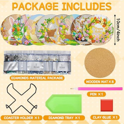 UPINS 8 Pieces Easter Diamond Art Coasters,Bunnies Diamond Art Coaster for Adults Diamond Kits Supplies for Spring Easter Gift - Image 2