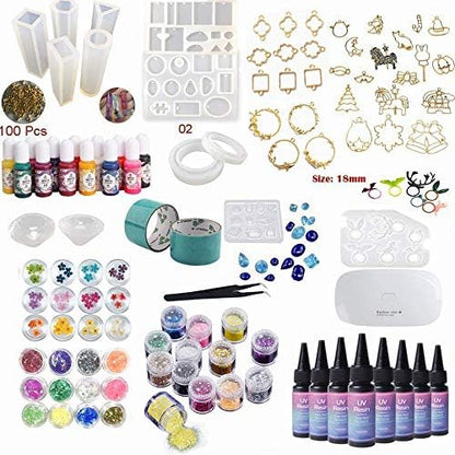 NewVersion- Epoxy Resin UV Glue Kit Clear Transparent Solar Curing with Lamp Molds Liquid Color Pigments 30 Bezels for Pendants Earrings 36 Decorations + Tapes Eyelets Tweezers for Jewelry Making by VidaRosa