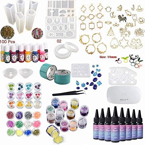 NewVersion- Epoxy Resin UV Glue Kit Clear Transparent Solar Curing with Lamp Molds Liquid Color Pigments 30 Bezels for Pendants Earrings 36 Decorations + Tapes Eyelets Tweezers for Jewelry Making by VidaRosa