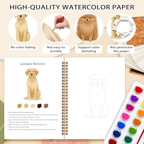 Easy Dog Watercolor Workbook for Beginners, Water Coloring Book, 18 Colors Watercolors Paint Set, 12 Patterns Watercolor Kit, Relaxing DIY Gift for Dog Lovers, Adults and Women Teen - Image 3