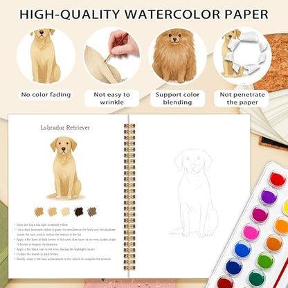 Easy Dog Watercolor Workbook for Beginners, Water Coloring Book, 18 Colors Watercolors Paint Set, 12 Patterns Watercolor Kit, Relaxing DIY Gift for Dog Lovers, Adults and Women Teen - Image 3