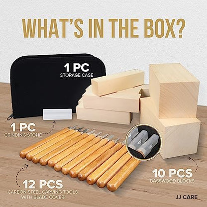 JJ CARE Wood Carving Kit, 24pcs Wood Whittling Kit with 12 SK2 Steel Carving Knives, 10 Basswood Blocks, 1 Grinding Stone & Storage Case, Gift Set for Beginners & Adults - Image 3