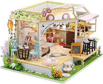 Flever Dollhouse Miniature DIY House Kit Creative Room with Furniture for Romantic Valentine's Gift (Cat Cafe Garden) by Flever