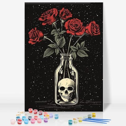 Framed Paint by Numbers Kit for Adults, Skull & Red Roses, 8x12 Inch by GEEHEIY