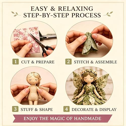 Fairy Patchwork DIY Collection, Flower Fairies Sewing Kit for Adults & Beginners, Make 4pcs Fabric Fairy Dolls with Pre-Cut Materials, Handmade DIY Craft Gift & Home Decor (Pumpkin Fairies) - Image 2